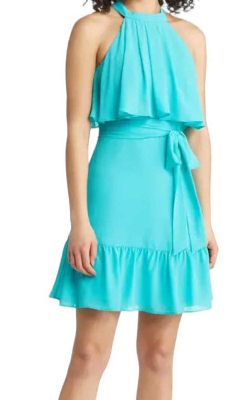 Eliza J Dress Tiered popover halter teal size 6
